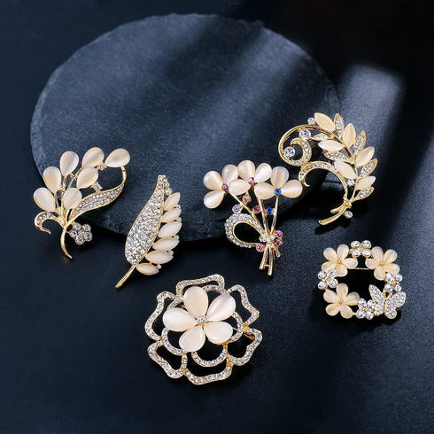 Lot 6pcs Opal Cat's Eye Stone Crystal Rhinestone Leaf Flower Brooch Pin set for Women...