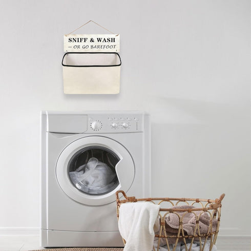Laundry Room Decor and Organization: Wall-Hanging Lost Socks Storage Bag, Funny Wooden Sign - Single Canvas Basket for Sock Organization (SNIFF & ...