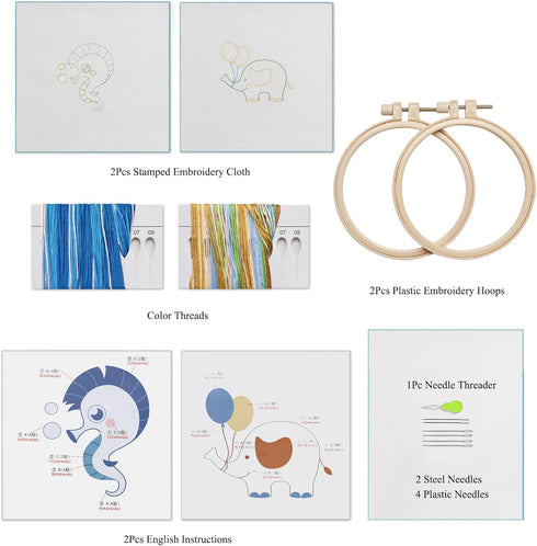 Ebherys Level1 hand embroidery kit for beginners starters,not cross stitch, 2 cute patterns 2 hoops needlepoint kit, DIY work instructions (Sea Ho...