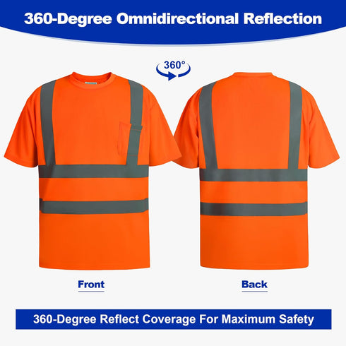 High Visibility Safety T Shirts Short Sleeve, Hi Vis Reflective Construction Work Shirts with Reflective Strips and Front Pocket, ANSI/ISEA Class ...