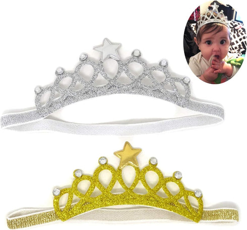 Honbay 2PCS Princess Crown Headband with Crystal and Star for 1 to 3 Years Old Baby, Gold and Silver...