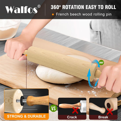 Walfos Classic Wooden Rolling Pin for Baking, Natural Beech Wood Rolling Pins, Dough Roller for Pizza, Pie, Pasta, Bread, Pastry, No Coating...