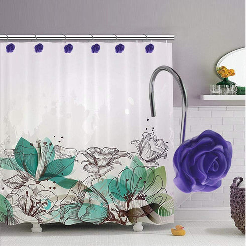 12 PCS Home Fashion Decorative Anti Rust Shower Curtain Hooks Rose Design Shower Curtain Rings Hooks (Purple)...