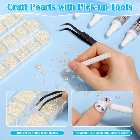 B7000 Rhinestone Bead Glue with Flatback Pearl for Crafting, White Half Pearl Gems for Crafts Clothing Shoes Face Makeup Nail Graduation Cap Decor...