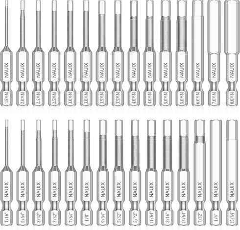 30 Piece Hex Head Allen Wrench Drill Bit Set, 1/4 Inch Hex Shank Metric and SAE S2 Steel Hex Bit Set, Magnetic Tips 50mm Long (SAE+METRIC HEX BITS...
