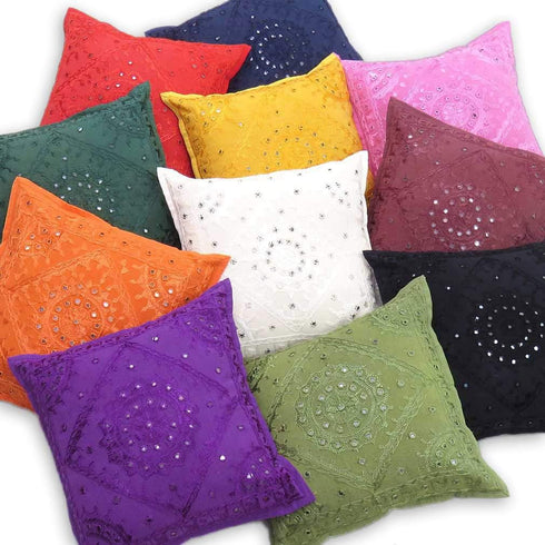 Eyes of India Embroidered Decorative Boho Throw Pillow Cover with Mirrors, Handmade Bohemian Accent Cushion Case for Sofa Couch Bedroom Living Roo...