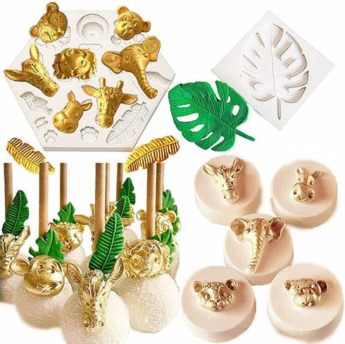 JeVenis 2 PCS Jungle Safari Animal Cake Mold Jungle Safari Animal Cupcake Decoration Jungle Safari Animal Cake Decoration Palm Leaves...