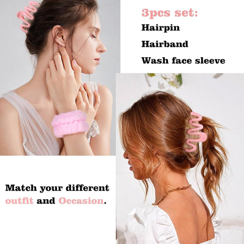 spa headband for washing face Pink set with 1 makeup headband & hair claw clips & 2 wrist band for women make up cute fluffy skincare headband chr...