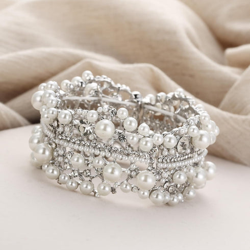 EVER FAITH White Rhinestone Crystal Wedding Jewelry Simulated Pearl Flower Bridal Stretch Bracelet for Women Bride Clear Silver-Tone...