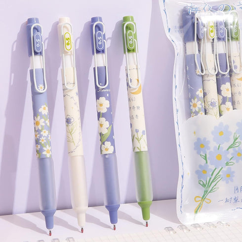 4 Pcs Gel Ink Pens Flower Retractable Pens 0.5mm Black Ink Gel Pens Women Girls Cute Aesthetic Pens Office School Pens (Flower-7)...