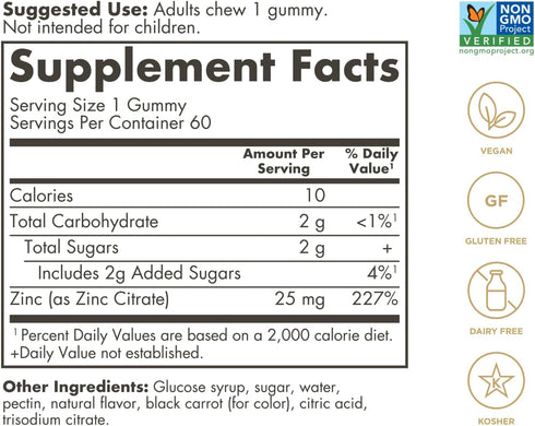 Solgar Zinc Gummies Adult Vitamin with 25mg Ultra Potency Zinc Citrate for Immune Support - Mixed Fruit Flavor, Vegan, Kosher & Gluten Free Gummy ...