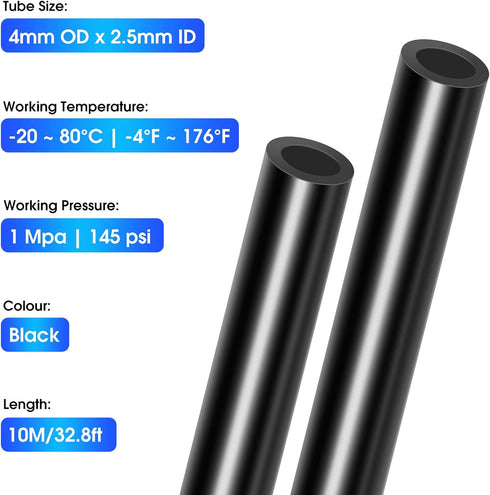 TAILONZ PNEUMATIC Black 4mm or 5/32 inch OD 2.5mm ID Polyurethane PU Air Hose Pipe Tube Kit 10 Meter 32.8ft...