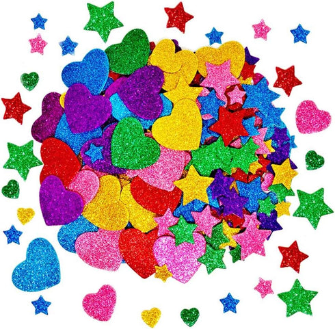 260 Pieces Colorful Glitter Foam Stickers Self Adhesive Stars Mini Heart Shapes Glitter Stickers, Kid's Arts Craft Supplies Greeting Cards Home De...