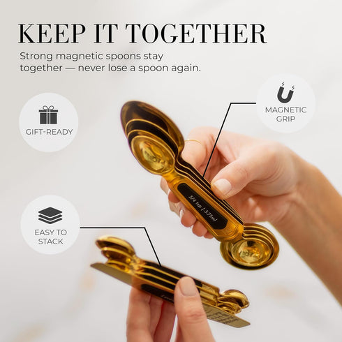 Gold Magnetic Measuring Spoons with Leveler - Featuring 8-Piece Upgraded Style, Dual-Sided, Stackable, Stainless Steel Gold Measuring Spoons Set -...