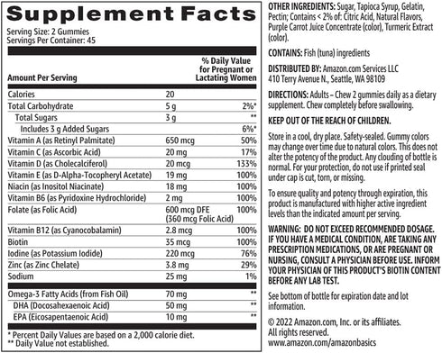 Amazon Basics Prenatal & DHA Gummy, Rasberry & Lemon Flavor, 90 Count (Previously Solimo)...