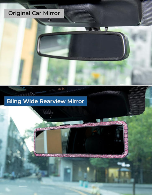 JoyTutus Bling Car Rear View Mirror, Universal 11.81 Inch Panoramic Rearview Mirror Accessories with Bling Rhinestones Crystal Diamonds for Women,...