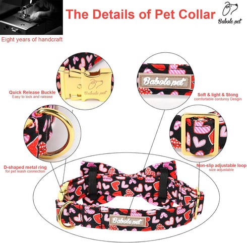 Valentine's Day Dog Collar with Bow Tie,Colorful Love Heart Male Dog Collar with Safety Metal Buckle Adjustable Puppy Collars for Small Medium Lar...