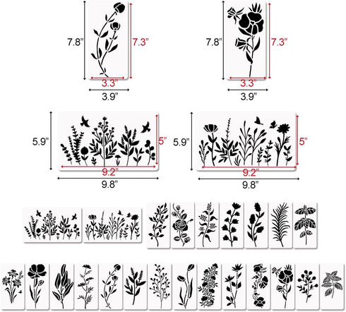 23 Sets Wildflower Stencils, Plant Flowers Stencils Mixed Media Art Stencils, 37 pcs Small Wild Flower Leaf Branches Floral Herbs Wall Stencils fo...