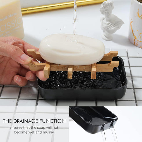 Soap Dishes for Bar Soap, Black Bathroom Soap Holder, Bamboo Soap Dishes Holder for Bathroom Shower, Bathroom Sink Soap Dish...
