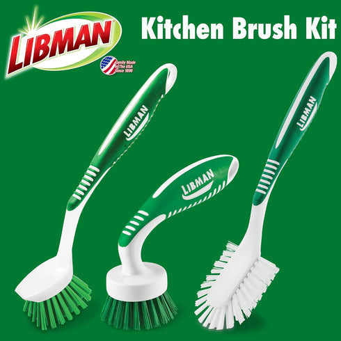 Libman Green & White Cleaning Brush Kit, 3-Piece Set, All-Purpose Brushes for Kitchen, Basins, Sinks, Dishwashers...