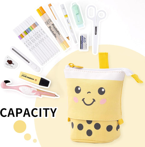 ANGOOBABY Cute Pencil Case Standing Pen Holder Telescopic Makeup Pouch Pop Up Cosmetics Bag with Kawaii Smile Face Stationery case Office Organize...