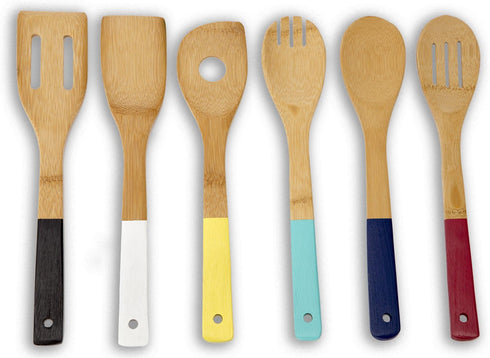 Home Basics Bamboo Cooking Utensils Set with Color Handles, 6-Piece, 2.5" x 12" x .25"...