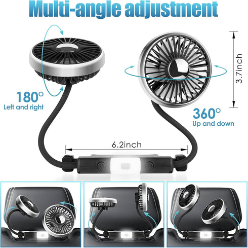 Car Fan, 12V Cooling Fans for Backseat with Little Night Light, Headrest 360° Rotatable Dual Head Back Seat Fan 3 Speed Adjust Vehicles Rear Seat ...