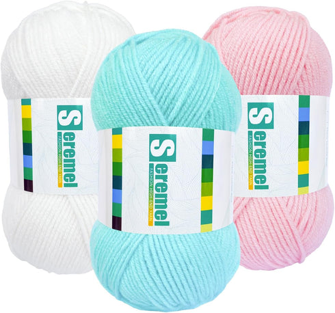 150g (3x50g) 3 Pieces of Mixed/Solid Color Crochet Knitting and Handicraft Yarn in Bulk, Fluffy and Soft, Worsted 100% Acrylic Yarn (Pure White&Li...