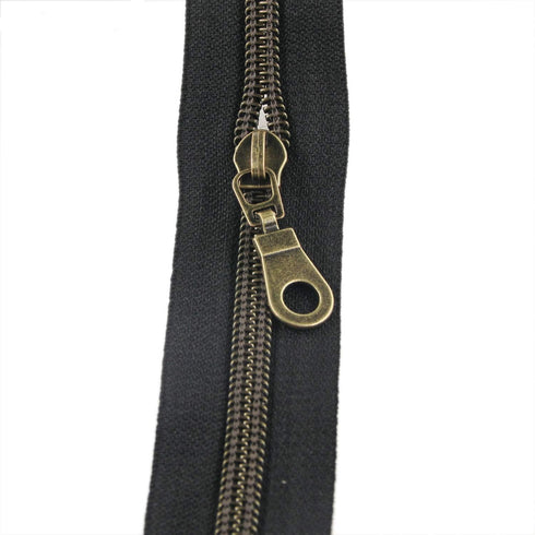 Leekayer #5 Antique Brass Metallic Nylon Coil Zippers by The Yard Bulk 10 Yards Black Zipper Tape with 25pcs Brass Sliders for DIY Sewing Tailor C...
