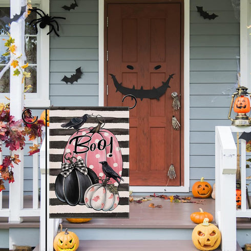 Halloween Boo Pumpkin Patch Small Decorative Garden Flag, Crow Pink Gourd Black White Stripes Yard Lawn Outside Decor, Fall Ghost Holiday Farmhous...