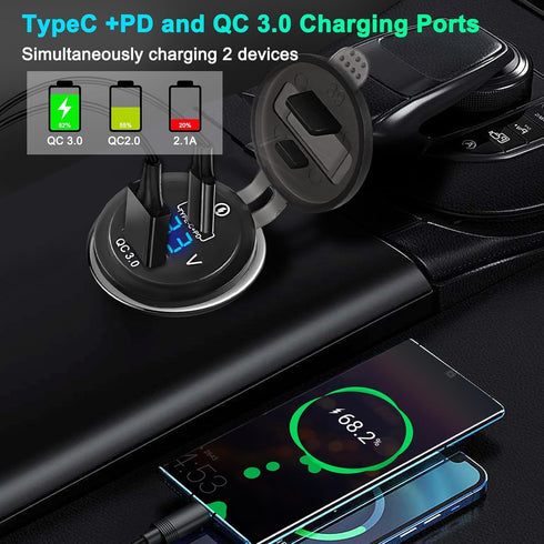 XMSJSIY USB Car Charger Socket Outlet 12V-24V USB/Type C Outlet PD & QC 3.0 Fast Car Charger 38W Power Waterproof Outlet Adapter with LED Voltmete...