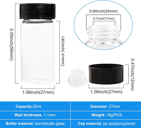 20ml Clear Glass Vials with Screw Caps and plastic Stoppers,Small Lab Sample Vials with Lids, Leak-Proof Liquid Storage Empty Vial. 20PCS...