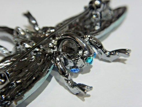 Large Rhinestone Dragonfly Convertible Brooch or Pendant Blue Enamel Insect pin...