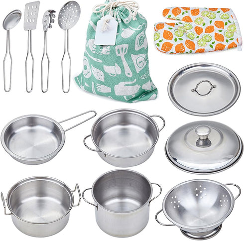 Play Pots and Pans Toys for Kids - Kitchen Playset Pretend Cookware Mini Stainless Steel Cooking Utensils Development Toys for Toddlers & Children...