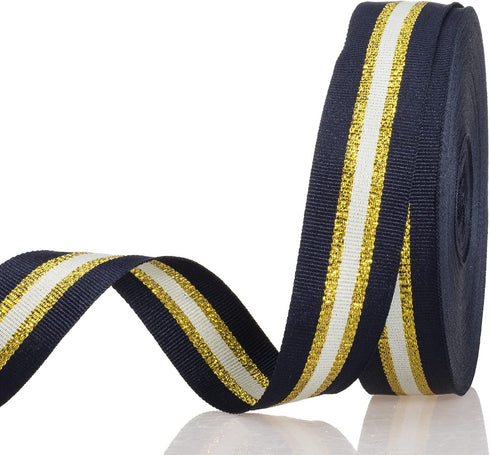 ATRBB 24 Yards 1 Inch Navy/Gold/White Stripe Grosgrain Ribbon Double Face Polyester Colorful Ribbon for Crafts DIY Gift Package Wrapping...