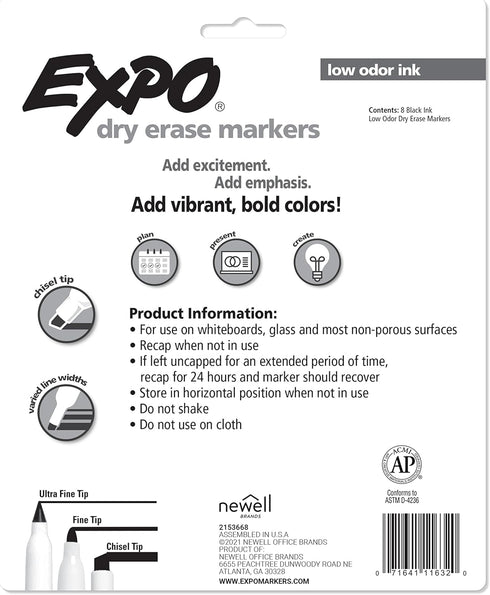 EXPO Low-Odor Dry Erase Markers, Chisel Tip, Black, 8-Count...