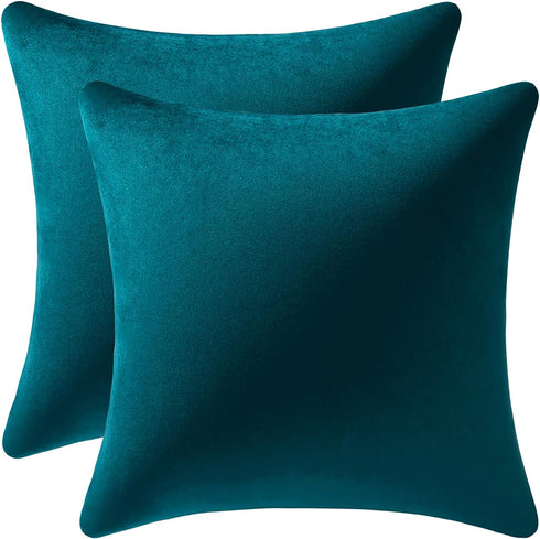 DEZENE Throw Pillow Cases 18x18 Teal: 2 Pack Cozy Soft Velvet Square Decorative Pillow Covers for Farmhouse Home Decor...