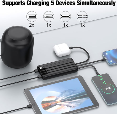 Portable Charger with Built in Cables,High Speed Power Bank 10000mAh Travel Battery Pack 5 Outputs 3 Inputs Portable Phone Charger Backup Battery ...