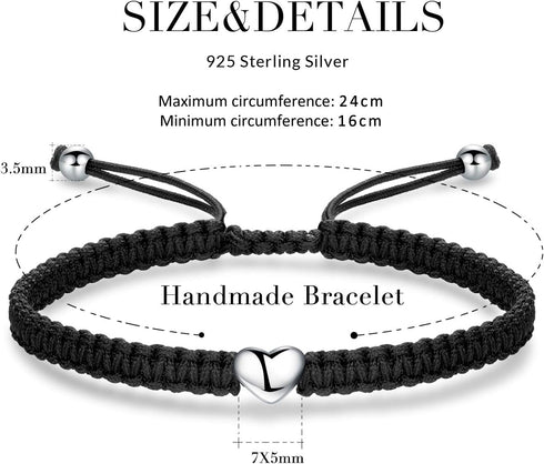 ZENI Heart Bracelet for Women, Black Rope Bracelet 925 Silver Handmade Braid Adjustable Bracelet Love Friendship Christmas Bracelet Gifts for Wome...
