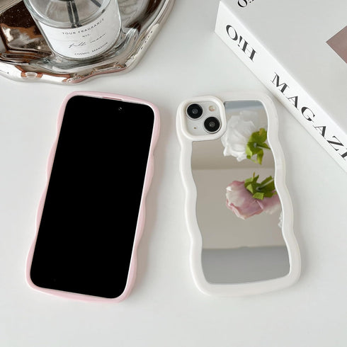 Jmltech for iPhone 15 Case Mirror Curly Wave Frame Shape Silicone Cute Shockproof Ultra Thin Protective Phone Case for iPhone 15 Beige Bumper...