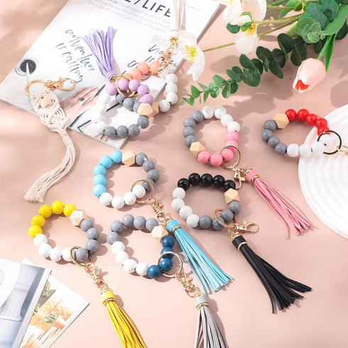Misdary 8 Pcs Key Ring Bracelet with PU Leather Tassel Wood Bead Key Ring Cute Keychain Wristlet Elastic Beaded Bangle Chains Portable Car Keyring...