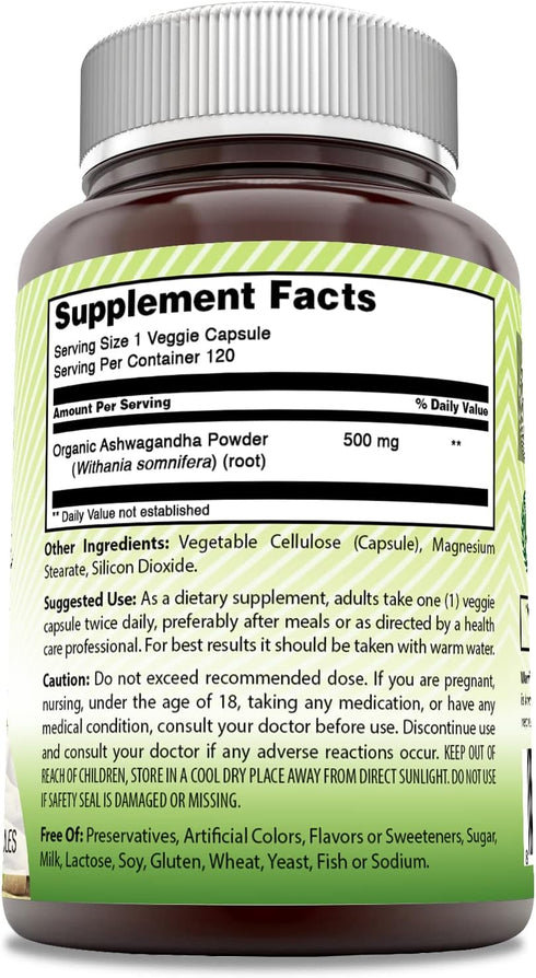 Amazing India Ashwagandha Supplement | 500 Mg Per Serving | 120 Veggie Capsules | Non-GMO | Gluten Free | Made in USA | Ideal for Vegetarians...