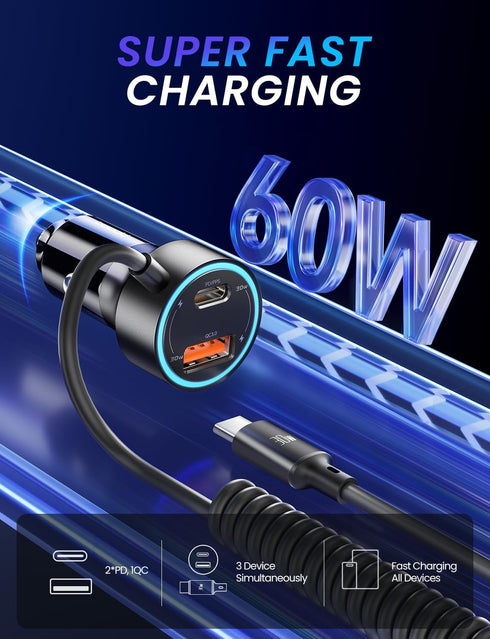 60W Car Charger USB C,toocki 3-Port Cigarette Lighter USB Charger PD & QC3.0 with 30W Type C Coiled Cable,Fast Car Charger Adapter for iPhone 15/P...