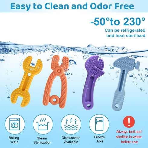 4 Pack Chew Baby Teething Toys for 0-12 Months, Freezable BPA Free Silicone Baby Molar Teether Chew Toys, Hammer Wrench Spanner Pliers Shape Baby ...
