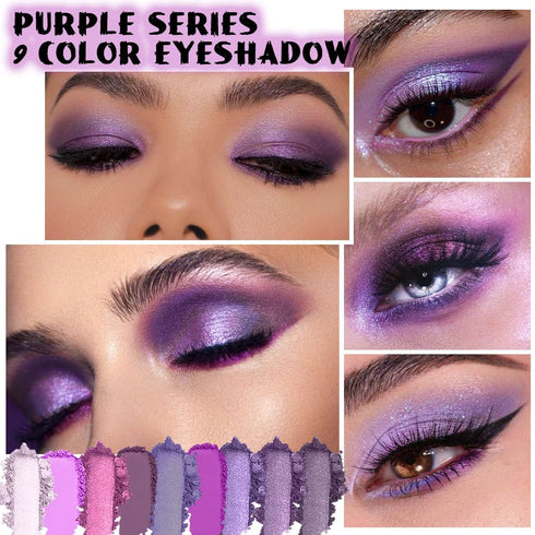 evpct 9 Colors Purple Pink Lavender Glitter Shimmer Matte Eye Shadow Palette Makeup Highly Pigmented Waterproof Violet Mauve Dark Purple Silver Pe...