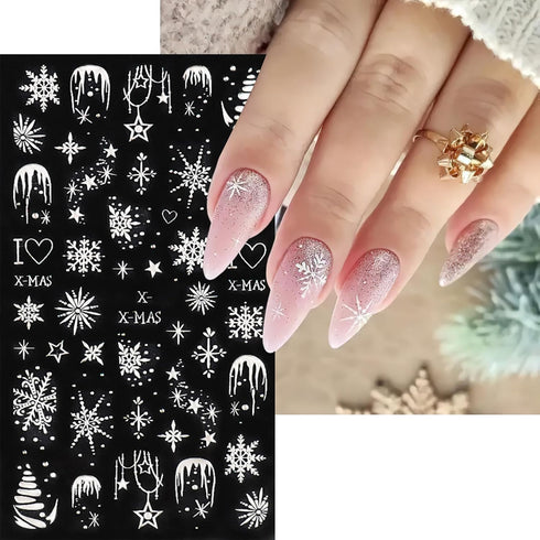 Christmas Nail Art Stickers 5D Embossed White Snowflake Nail Decals Cute Stereoscopic Elk Heart Nail Art Supplies Christmas Tree Planet Nail Desig...