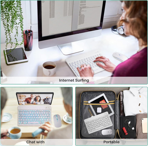 Ultra-Slim Bluetooth Keyboard and Mouse Portable Mini Wireless Keyboard Rechargeable 7-Color Backlit for Apple iPad iPhone Samsung Tablet iPhone S...