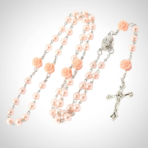 Nazareth Store Catholic Pink Pearl Beads Rosary Necklace Maddona Holy Soil Medal & Cross Crucifix...