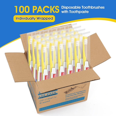 Disposable Toothbrushes with Toothpaste - 100 Packs Individually Wrapped Travel Toothbrushes Bulk, Medium Soft Bristles, Perfect for Travel Size T...
