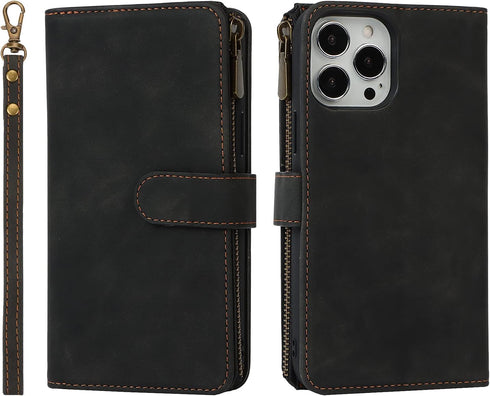 iCoverCase Compatible with iPhone 13 Pro Wallet Phone Case with Card Holder, PU Leather Zipper Pocket Magnetic Detachable Flip Case with Wrist Str...